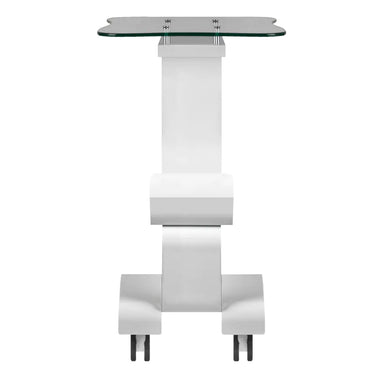 Cosmetic table with glass top and rubber wheels - stable and mobile work table with shelves