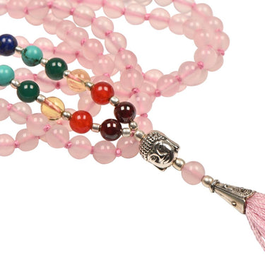 Smuk pink mala halskæde – rosakvarts med 7 chakra sten | spirituel energi