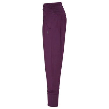 Loose yoga pants from Yamadhi in dark purple - silky soft harem pants with wide waistband and pockets