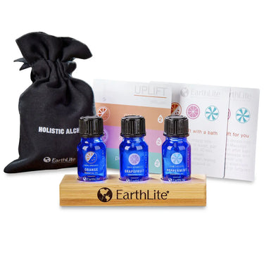 Earthlite Holistic Alchemy økologiske æteriske olier – sæt med 3 olier inkl. bambusbakke og vejledning