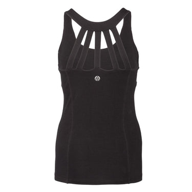Yoga top for women in black - form-fitting Yamadhi string top with built-in bra and elegant straps
