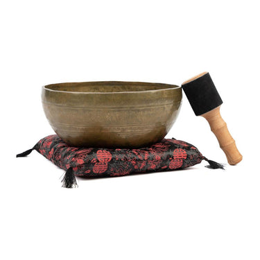Tibetansk sangskål med 5 Buddhaer - håndlaget syngeskål, Ø 32 cm